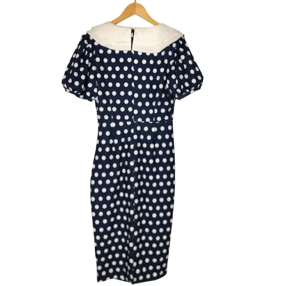 Alexia Admor Dress Ruffle Collar Puff Sleeve Midi Navy & White Polka Dot Medium